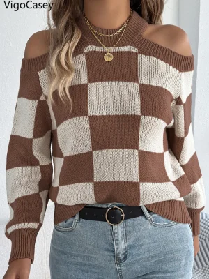 Women’s Off Shoulder Plaid Knit Sweater