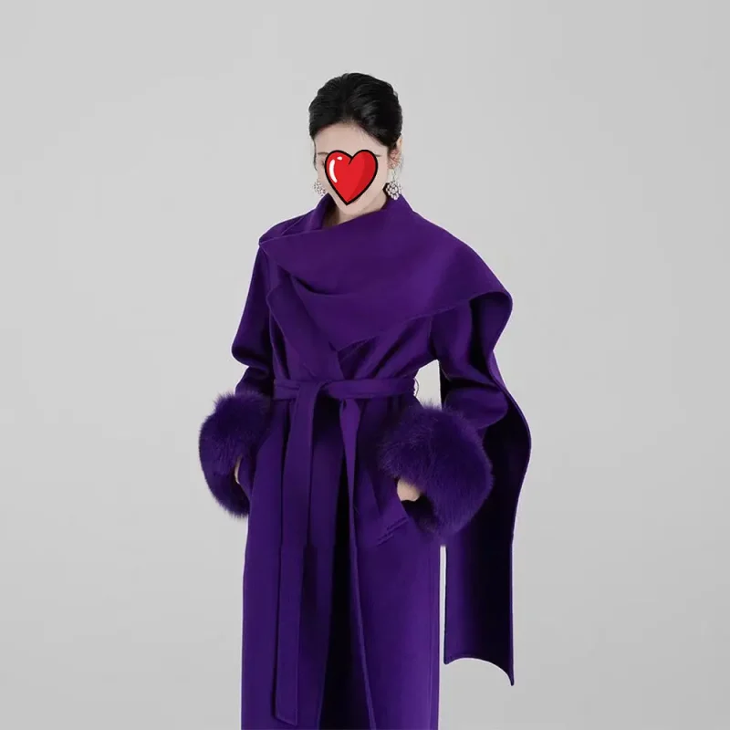 Women's Reversible Wool Cape Coat Winter Scarf Collar Overcoat - Image 2