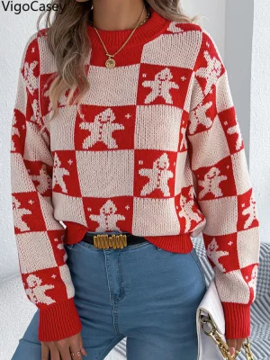 Autumn Winter Women Plaid Knit Jumper