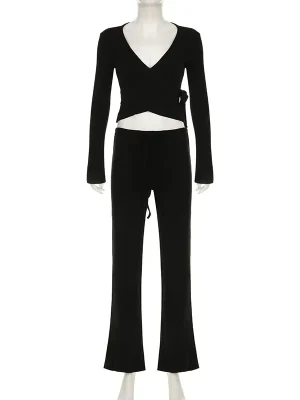 Autumn Flannel Lined V-Neck Top & Pants Set Women