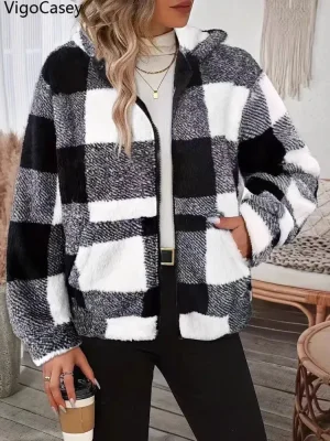 Women’s Plaid Plush Hooded Jacket
