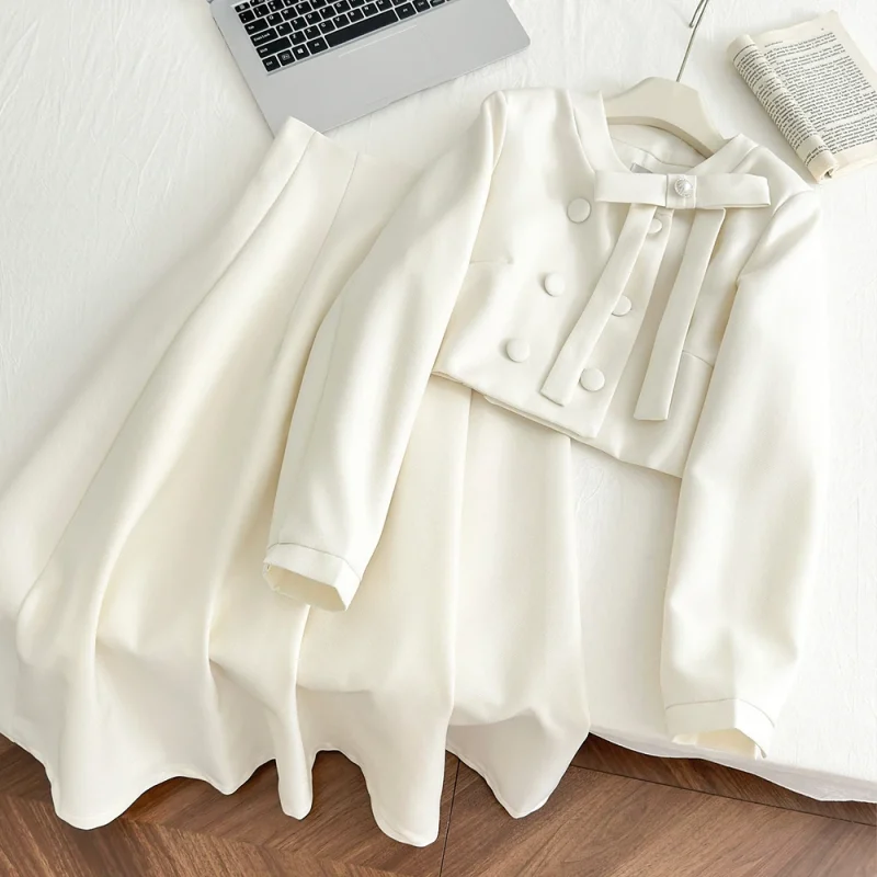 Women's French Style Pearl Bow A-Line Midi Skirt Set - Image 4