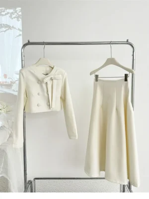Women's French Style Pearl Bow A-Line Midi Skirt Set