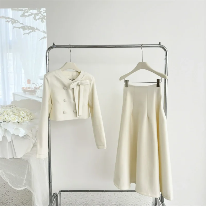 Women's French Style Pearl Bow A-Line Midi Skirt Set