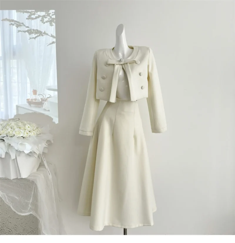 Women's French Style Pearl Bow A-Line Midi Skirt Set - Image 2
