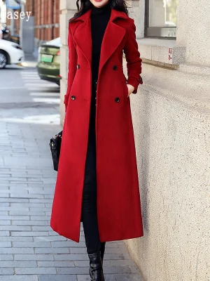 Elegant Red Wool Blend Long Blazer Coat for Women