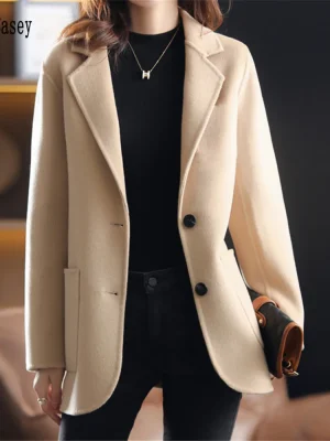 Autumn Winter Khaki Wool Long Blazer Coat