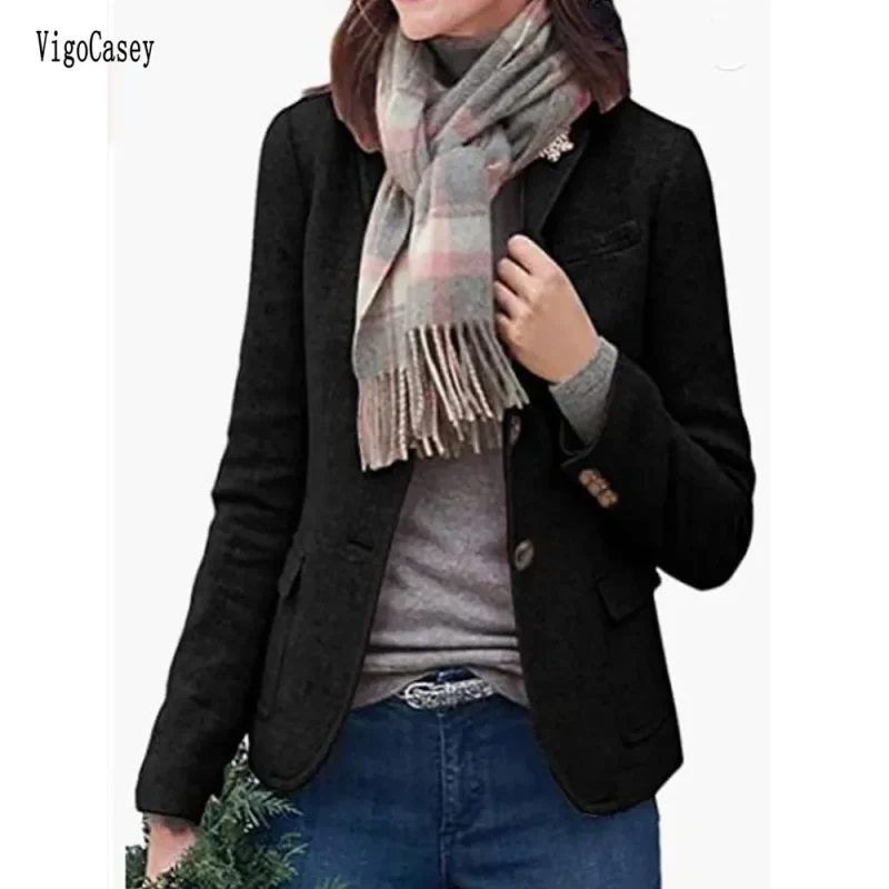 Autumn Winter Blue Wool Long Blazer Coat - Image 4