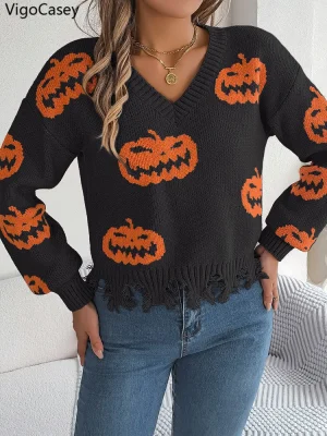 Halloween V Neck Knit Sweater