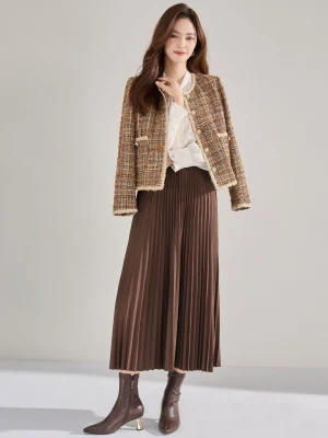 Women's 2025 High Waist Pleated Midi Skirt A-Line Office Wear