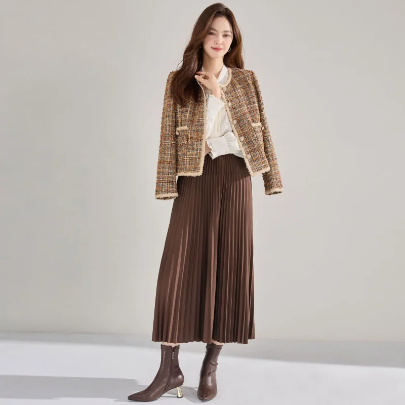 Women's 2025 High Waist Pleated Midi Skirt A-Line Office Wear