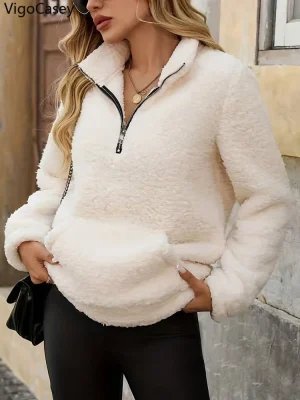Women's White Plush Zipper Sweatshirt