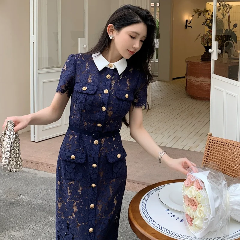2025 Women’s Navy Lace Trim Midi Dress with Contrast Collar - Image 3