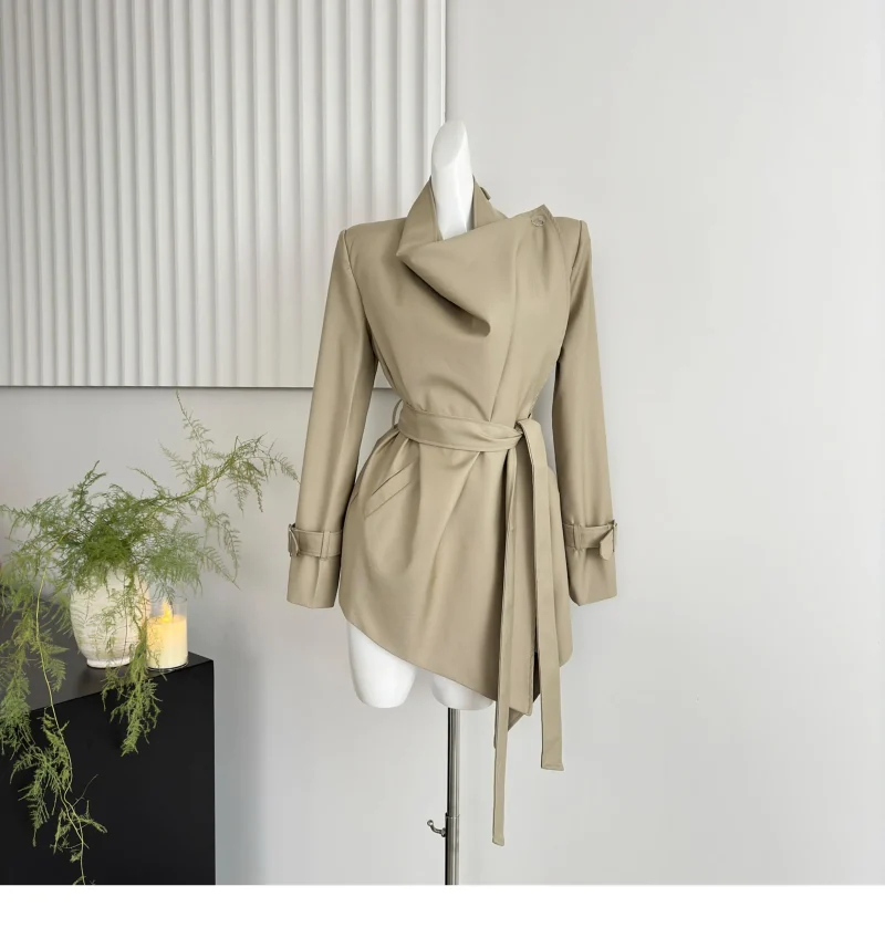 Women's Khaki Trench Coat Vintage Hepburn Style Belted Fall Jacket - Image 4