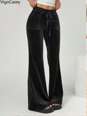 Women Apricot Velvet Wide Leg Pants