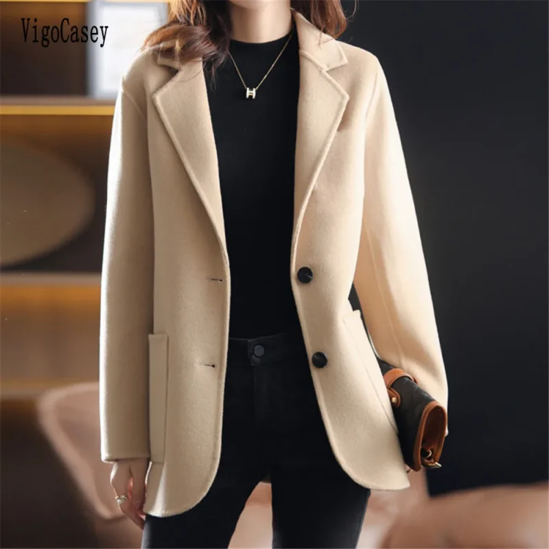 Autumn Winter Khaki Wool Long Blazer Coat - Image 5