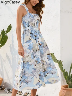 2025 Summer Print Backless Strap Long Dress for Women