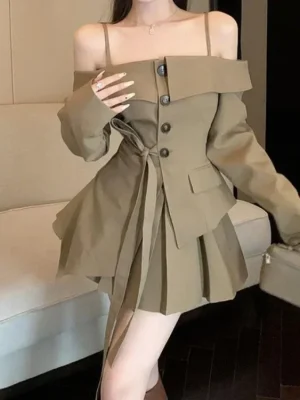 Chic Off-Shoulder Blazer Two-Piece Skirt Set