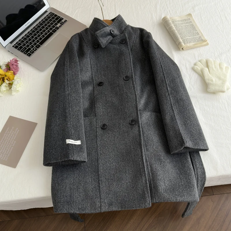 Korean Wool-Blend Lace-Up Coat - Image 4