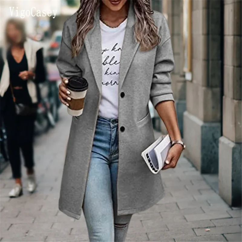 Elegant Khaki Wool Blend Long Blazer Coat for Women - Image 3
