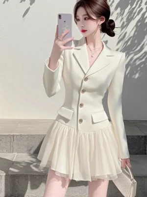 Women's Patchwork Blazer Dress French Style Ruffle Hem Midi