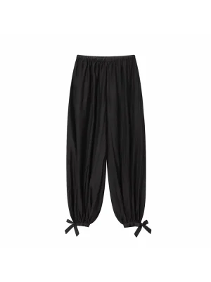 Women's 2025 Black Bow-Tie Puff Pleated Pants