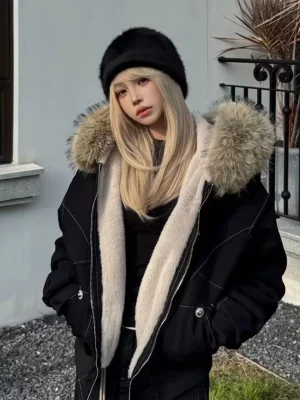 American Retro Fur Collar Hooded Zipper Jacket