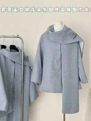 Korean Autumn Wool Blend Jacket with Scarf Collar