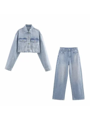 Women’s Denim Trouser Set with Water Drill Decoration