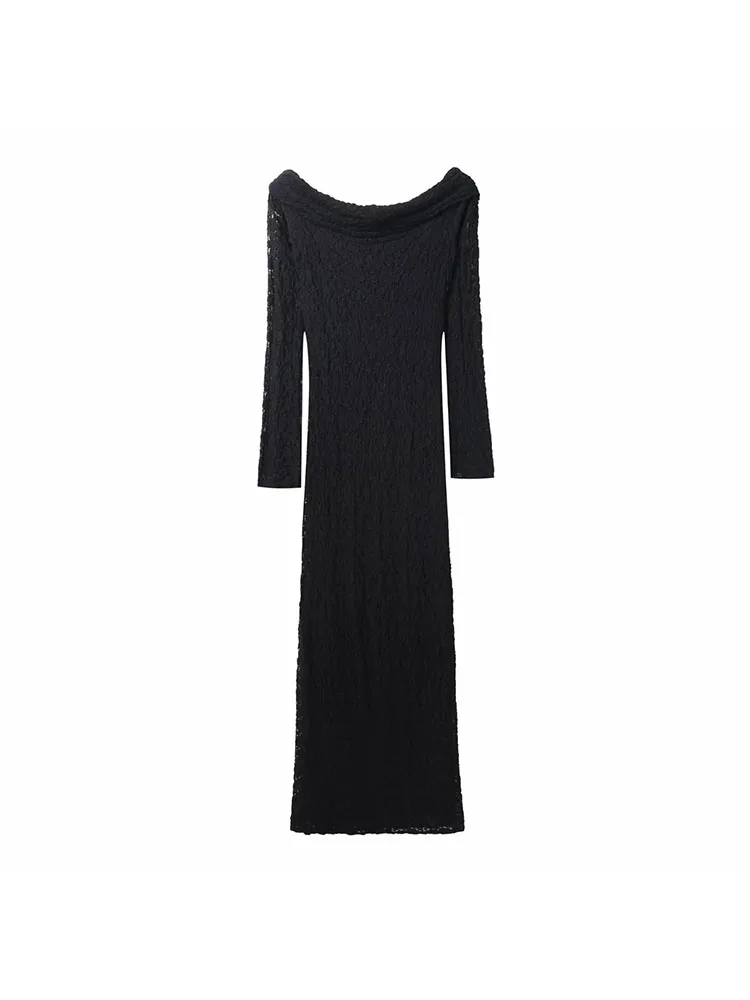 Autumn Winter Knitted Lace Black Midi Dress for Women - Image 2