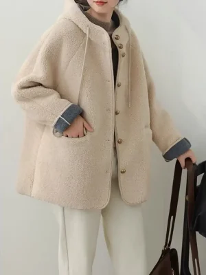 Autumn Fluffy Lamb Wool Hooded Coat for Women
