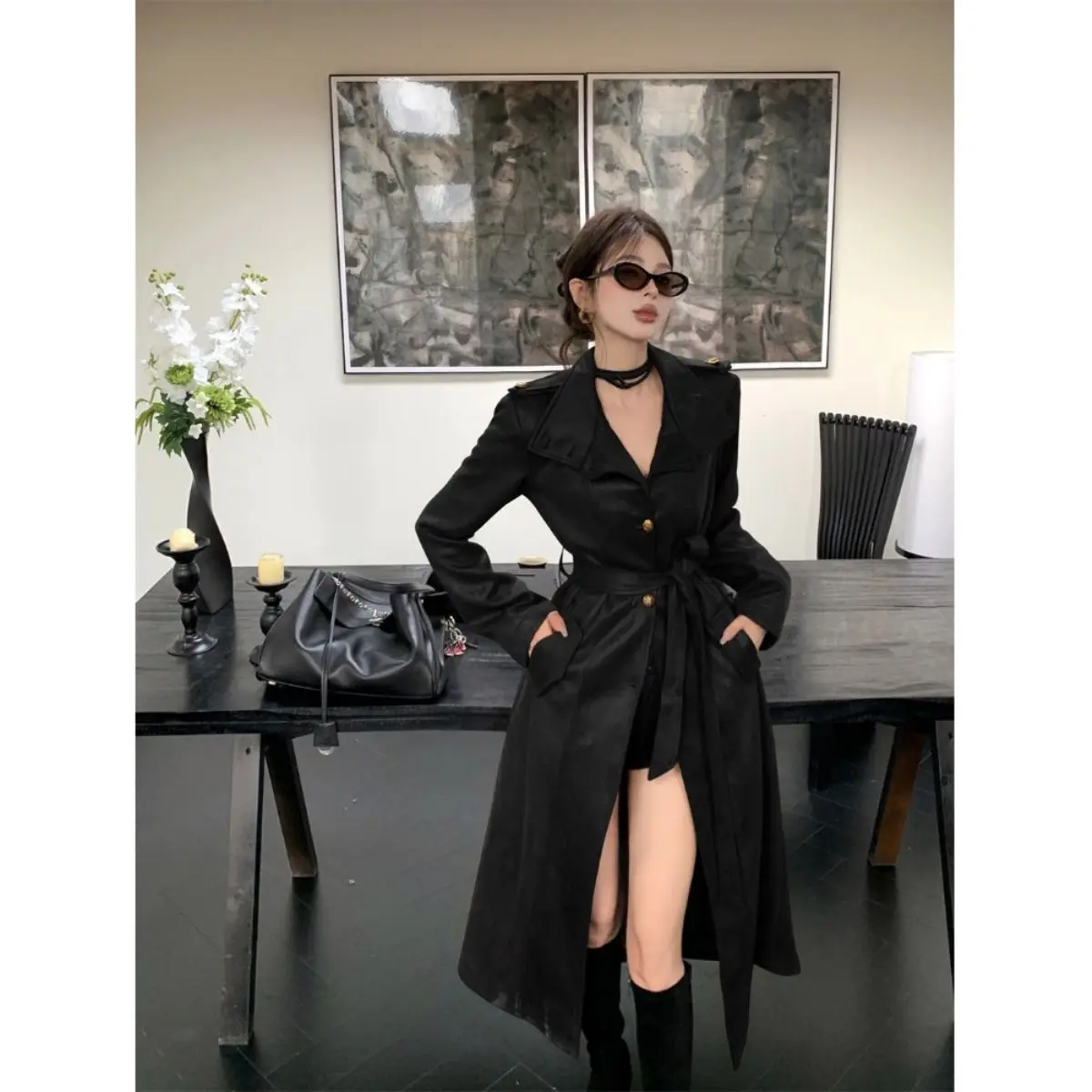 Women's 2025 Oversized Faux Leather Trench Coat with Belt