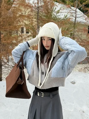 Patchwork Knitted V-Neck Parka Women