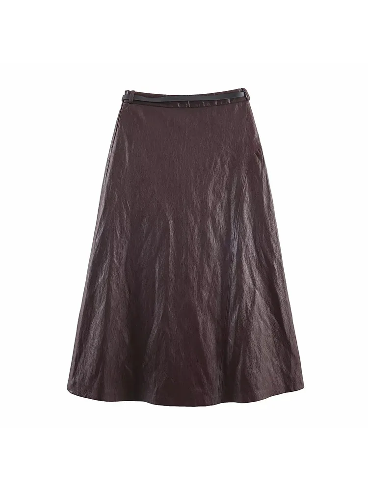 Autumn Leather Belt A Line Skirt - Image 2