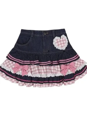 Sweet Bow Pleated Denim Puffy Skirt for Women