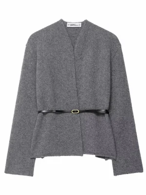 Women’s Solid Wool V-Neck Belted Long Sleeve Coat