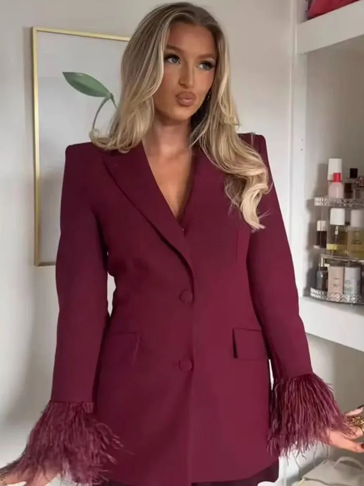 Autumn Winter Women Feathers Blazer Pants Suit