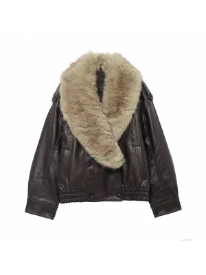 Women’s Elegant Fur Collar Leather Patchwork Jacket