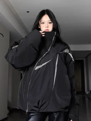 Retro Color-Blocked Cotton-Padded Coat Women