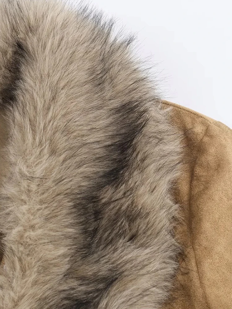 Women’s Suede Faux Fur Lapel Jacket - Image 4