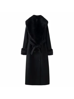 Women’s Slim Black Faux Fur Wool Patchwork Long Coat
