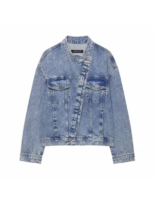 Autumn Vintage Denim Jacket Round Neck Button Up Loose Fit Streetwear