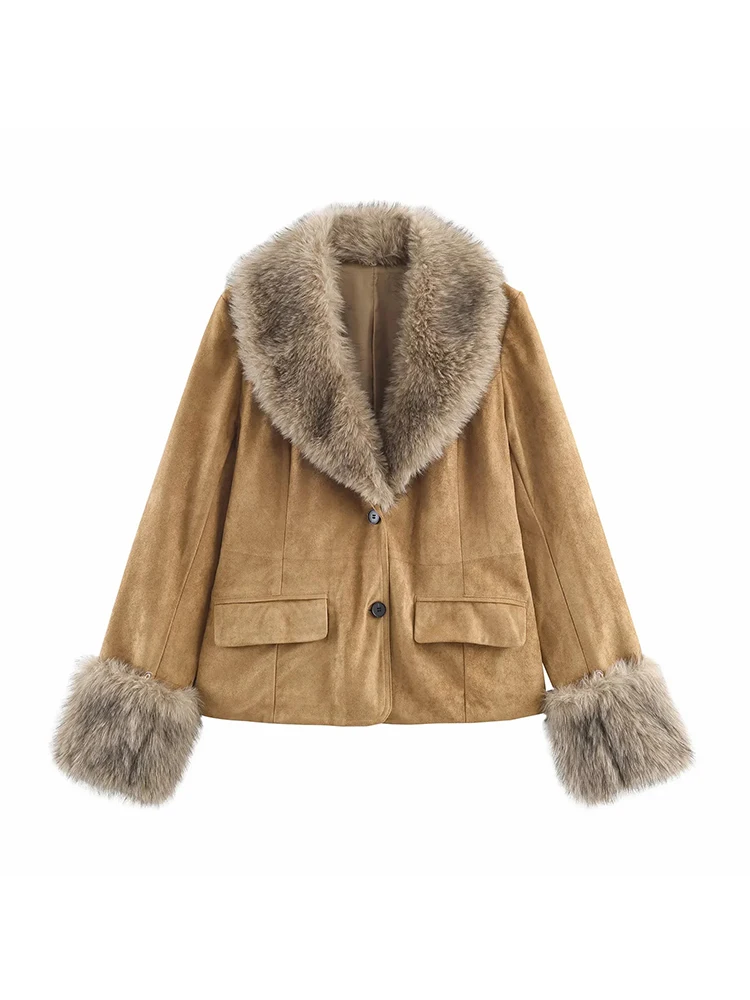 Women’s Suede Faux Fur Lapel Jacket - Image 2