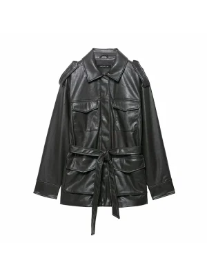 2025 Autumn Winter Mid-Length Belted Faux Leather Coat