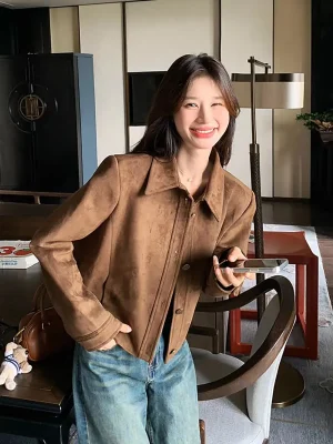 2025 Brown Suede Casual Short Coat for Women