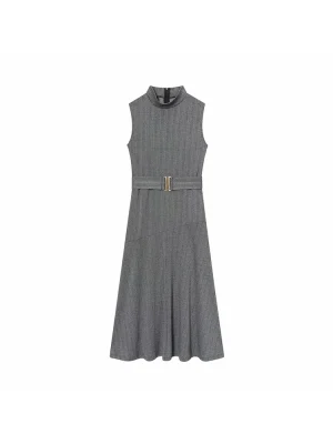 Women’s Elegant Belted Midi Dress Sleeveless O Neck