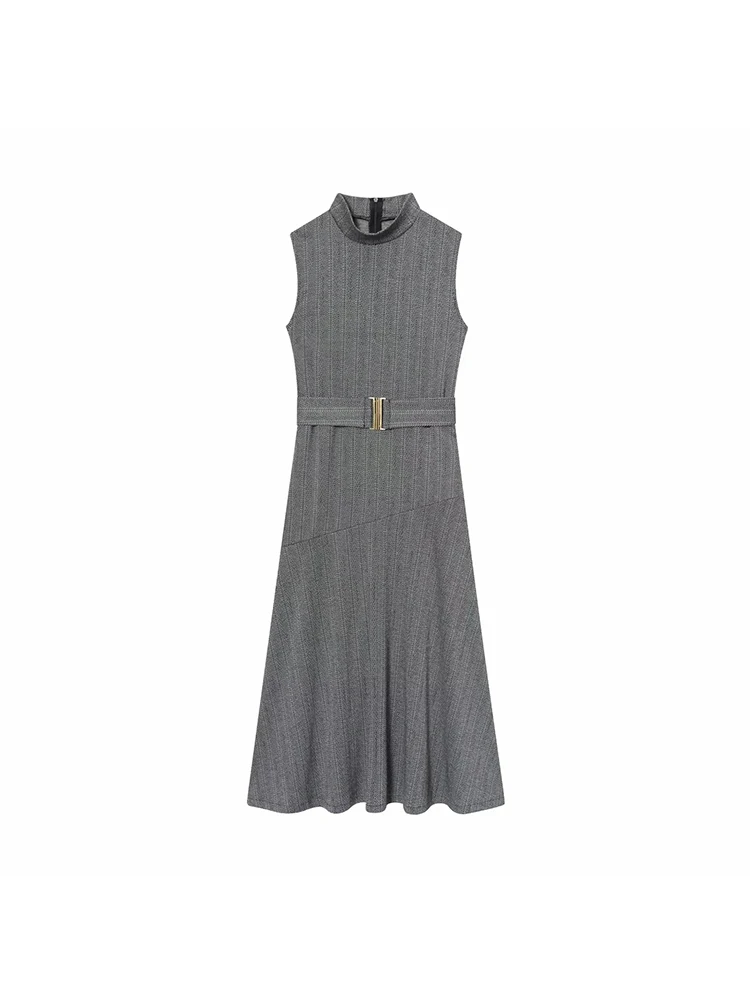 Women’s Elegant Belted Midi Dress Sleeveless O Neck