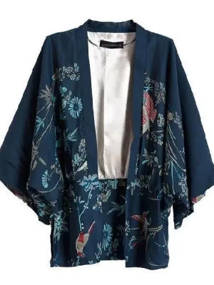 Loose Japanese Kimono Jacket with Phoenix Print