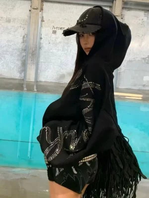 American Vintage Rhinestone Zipper Hoodie  Streetwear