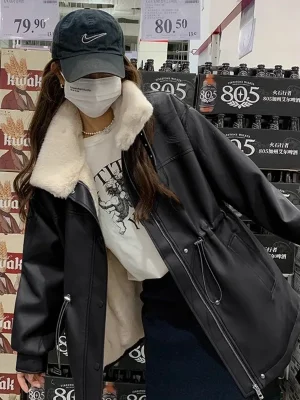 High-End Plush PU Leather Coat Women